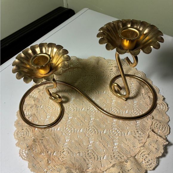 Other - Vintage Metal Candlestick Holder Double Gold Tone Floral Tapered